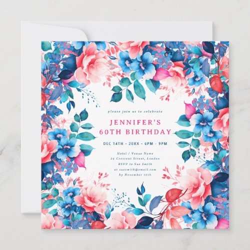 Chic Watercolor Floral 60th Birthday  Invitation