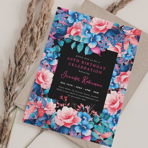 Chic Watercolor Floral 60th Birthday Party Black Invitation