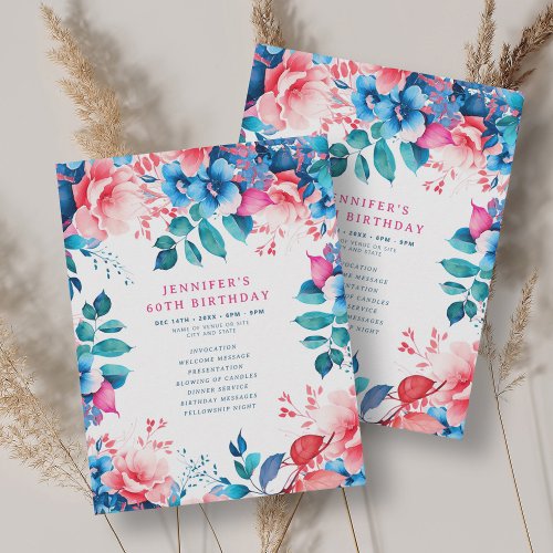 Chic Watercolor Floral 60th Birthday Program 