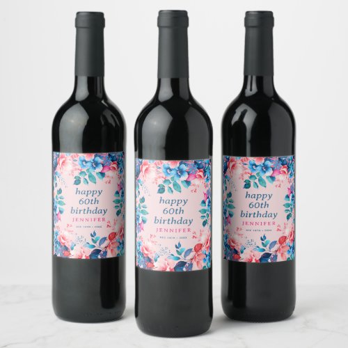 Chic Watercolor Floral 60th Happy Birthday Blush Wine Label