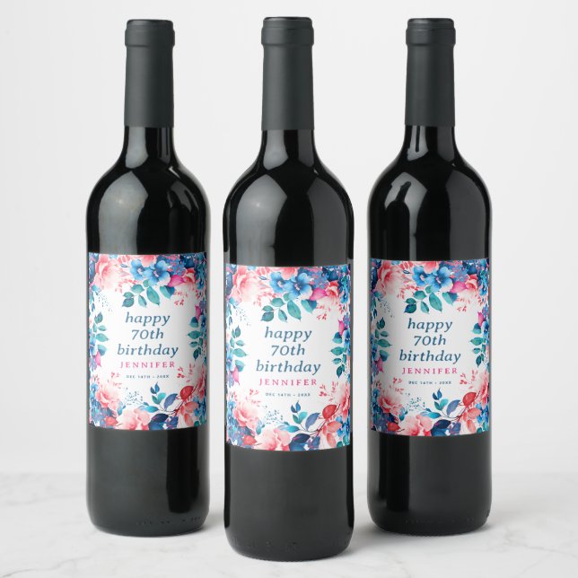 Chic Watercolor Floral 70th Happy Birthday  Wine Label (Bottles)