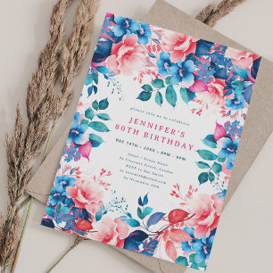 Chic Watercolor Floral 80th Birthday Invitation