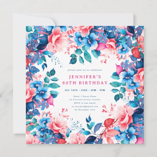 Chic Watercolor Floral 80th Birthday Party Invitation