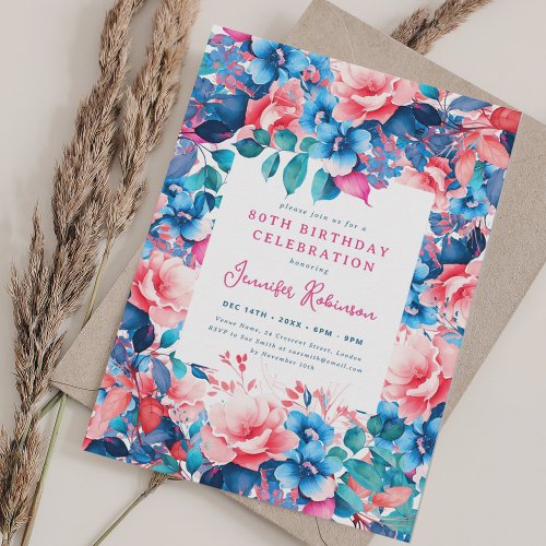 Chic Watercolor Floral 80th Birthday Party  Invitation