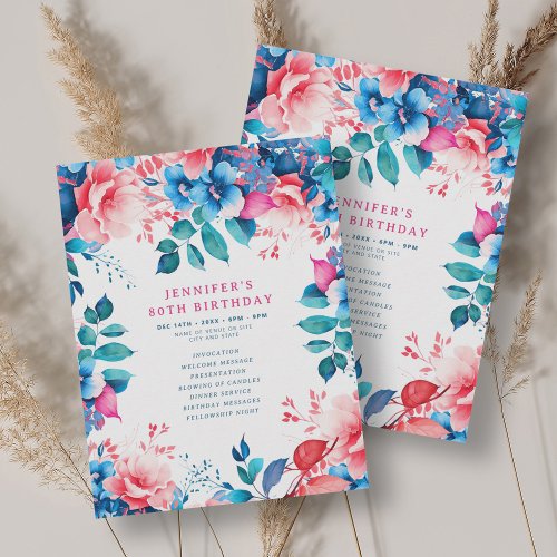 Chic Watercolor Floral 80th Birthday Program 