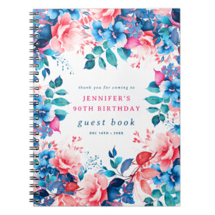 Chic Watercolor Floral 90th Birthday Guest Book