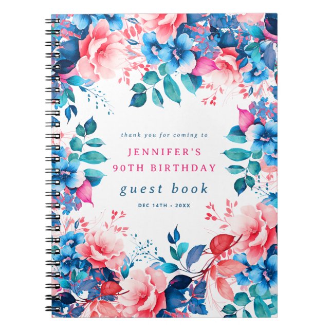 Chic Watercolor Floral 90th Birthday Guest Book (Front)