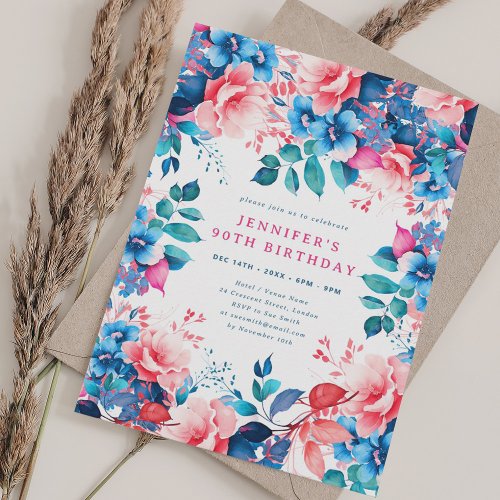 Chic Watercolor Floral 90th Birthday  Invitation