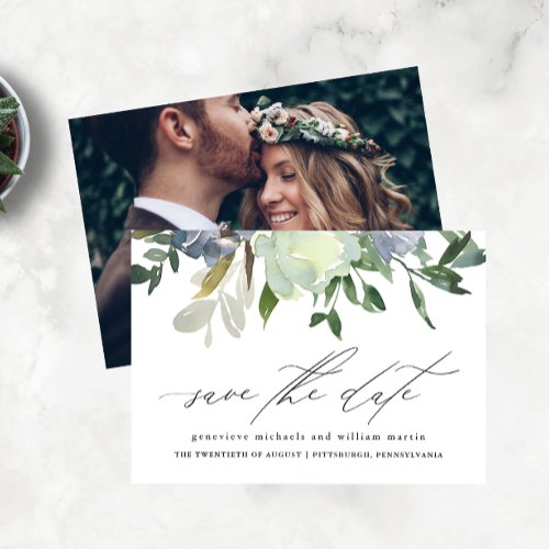 Chic Watercolor Floral and Leaves Photo Wedding Save The Date