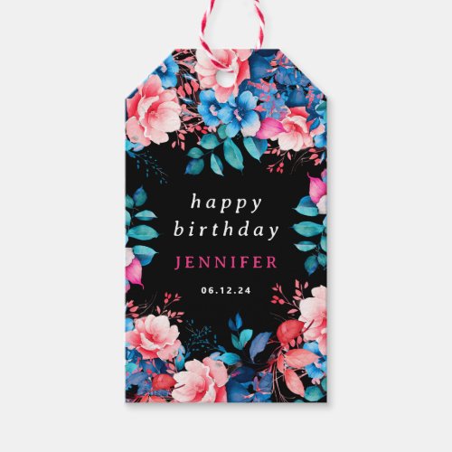 Chic Watercolor Floral Any Age Happy Birthday Blac Gift Tags