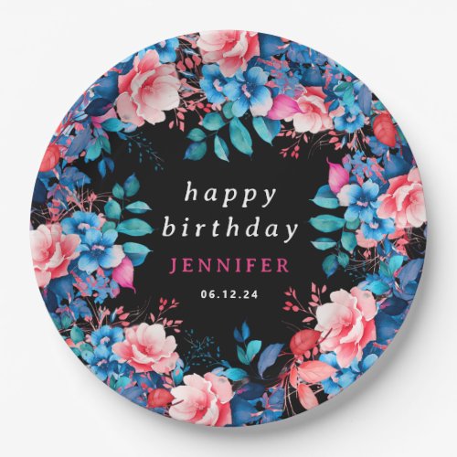 Chic Watercolor Floral Any Age Happy Birthday Blac Paper Plates