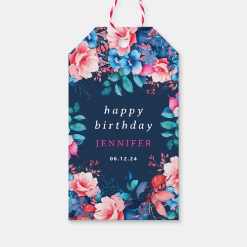 Chic Watercolor Floral Any Age Happy Birthday Navy Gift Tags