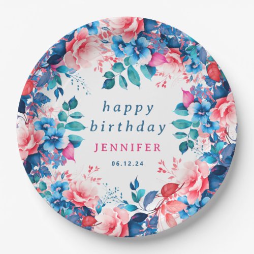 Chic Watercolor Floral Any Age Happy Birthday  Paper Plates