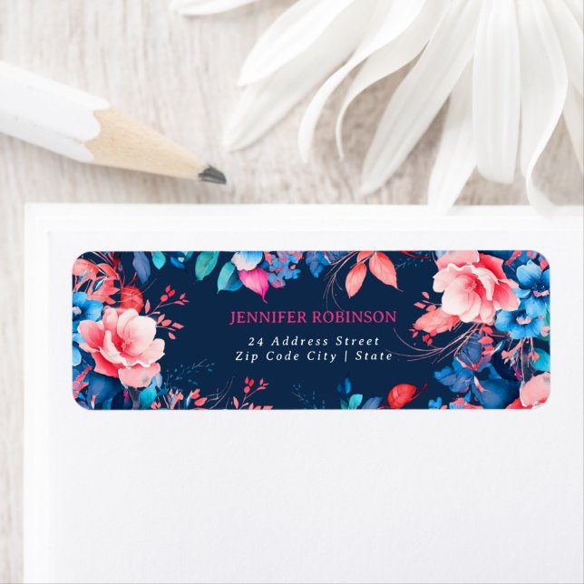 Chic Watercolor Floral Birthday Party Navy Blue  Label (Insitu)