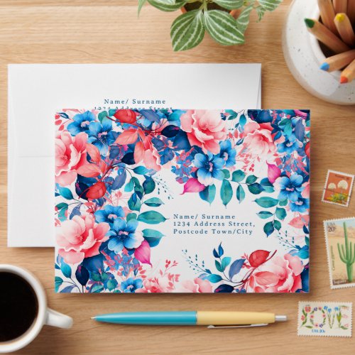 Chic Watercolor Floral Birthday  Shower  Wedding Envelope