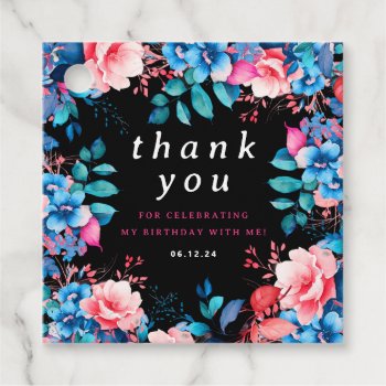 Chic Watercolor Floral Birthday Thank You Black  Favor Tags by Rewards4life at Zazzle