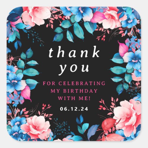 Chic Watercolor Floral Birthday Thank You Black  Square Sticker