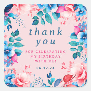 Chic Watercolor Floral Birthday Thank You Blush  Square Sticker