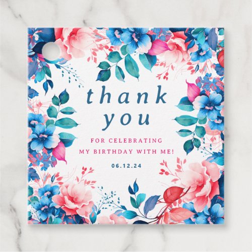 Chic Watercolor Floral Birthday Thank You Favor Tags
