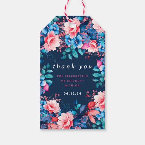 Chic Watercolor Floral Birthday Thank You Navy  Gift Tags
