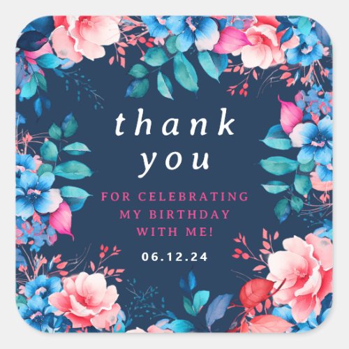 Chic Watercolor Floral Birthday Thank You Navy  Square Sticker