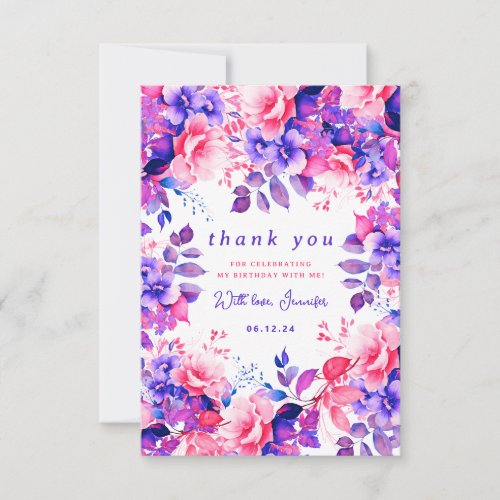 Chic Watercolor Floral Birthday Thank You Purple 