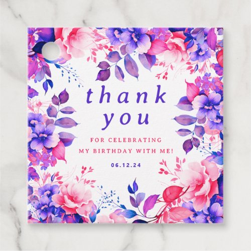 Chic Watercolor Floral Birthday Thank You Purple  Favor Tags