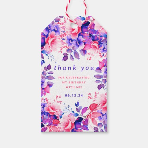 Chic Watercolor Floral Birthday Thank You Purple  Gift Tags