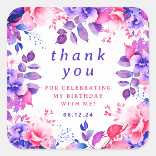 Chic Watercolor Floral Birthday Thank You Purple  Square Sticker