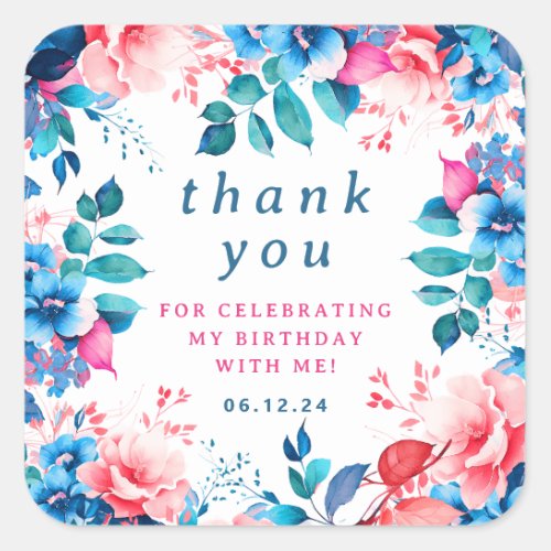 Chic Watercolor Floral Birthday Thank You Square Sticker