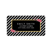 Chic Watercolor Floral Black and White Stripes Label