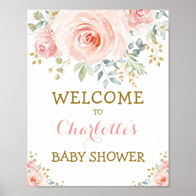 Chic Watercolor Floral Blush Pink Gold Baby Shower Poster (Front)