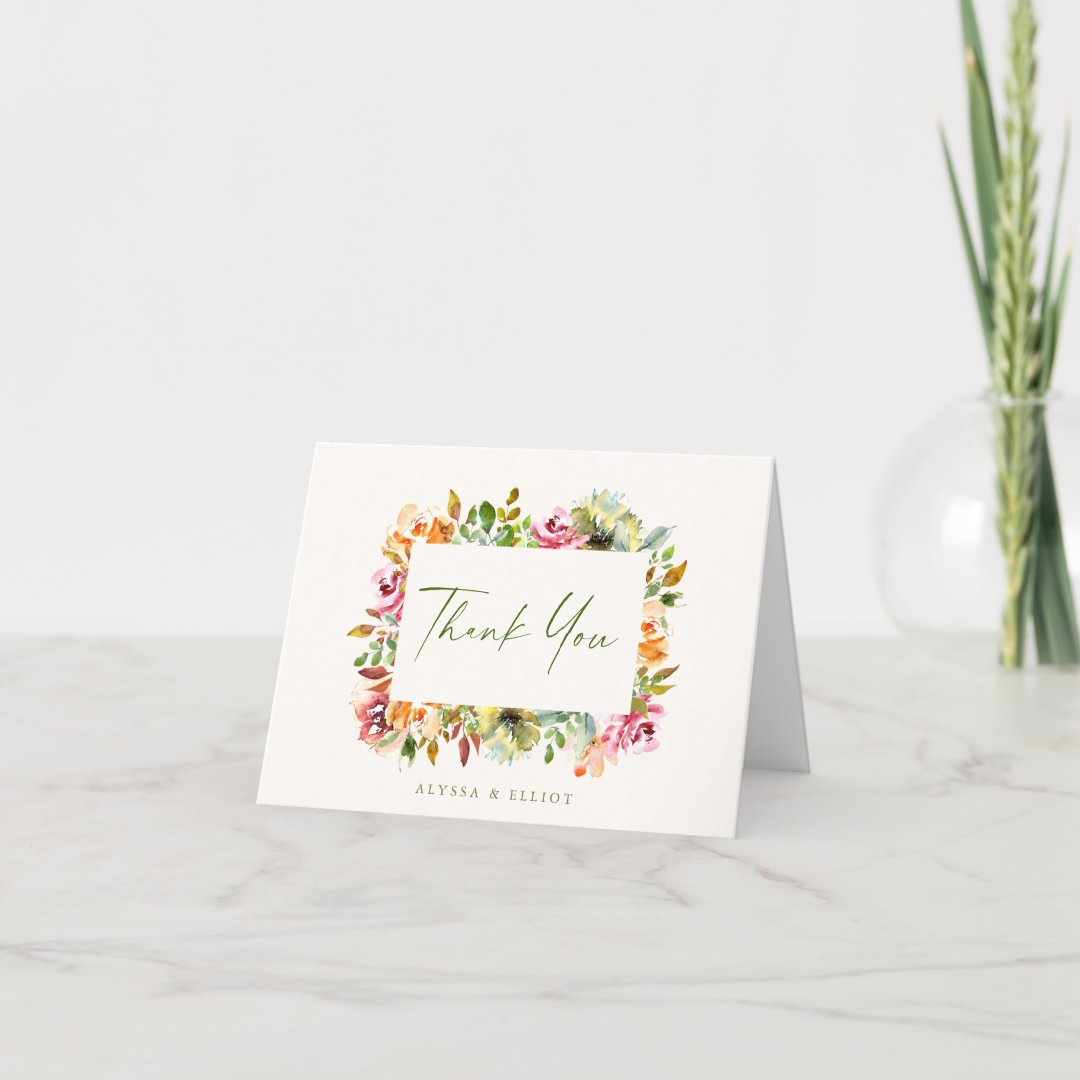 Chic Watercolor Floral Border Wedding Personalized Thank You Card | Zazzle