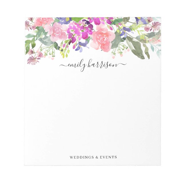 Chic Watercolor Floral Botanical Personalized Notepad (Front)