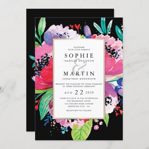 Chic Watercolor Floral Bouquet & Black Wedding Invitation - Create your own "Chic Watercolor Floral Bouquet & Black Wedding" invitations by Eugene Designs.