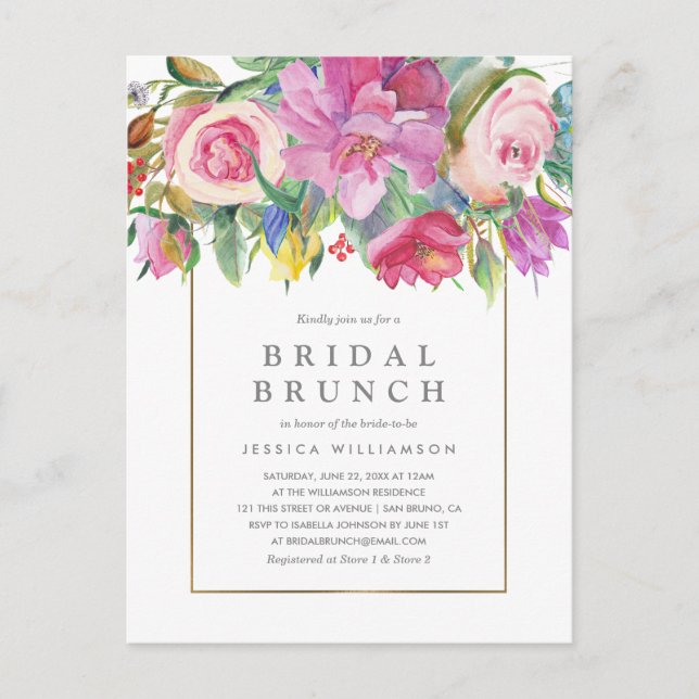 Chic Watercolor Floral Bridal Brunch Postcard (Front)