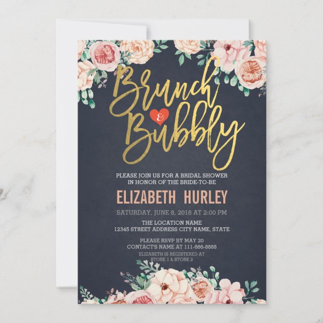 Chic Watercolor Floral Brunch Bubbly Bridal Shower Invitation (Front)
