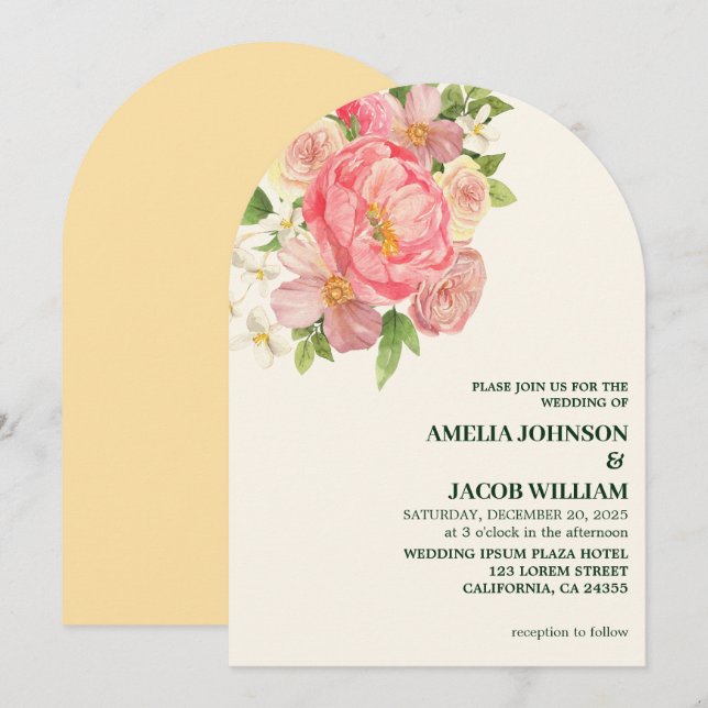 Chic Watercolor floral butter yellow Wedding Invitation (Front/Back)