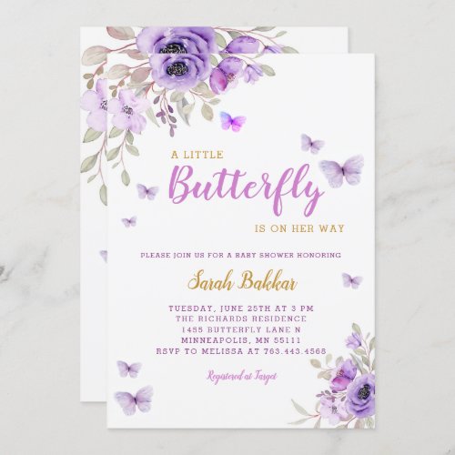 Chic Watercolor Floral Butterfly Girl Baby Shower  Invitation