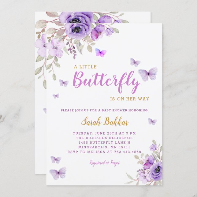 Chic Watercolor Floral Butterfly Girl Baby Shower  Invitation (Front/Back)