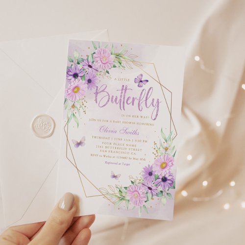 Chic Watercolor Floral Butterfly Girl Baby Shower Invitation