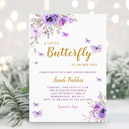 Chic Watercolor Floral Butterfly Girl Baby Shower Invitation