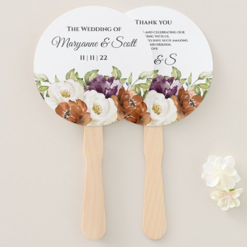 Chic Watercolor Floral Fall Wedding Thank You Hand Fan