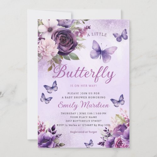 Chic Watercolor Floral Girl Butterfly Baby Shower Invitation