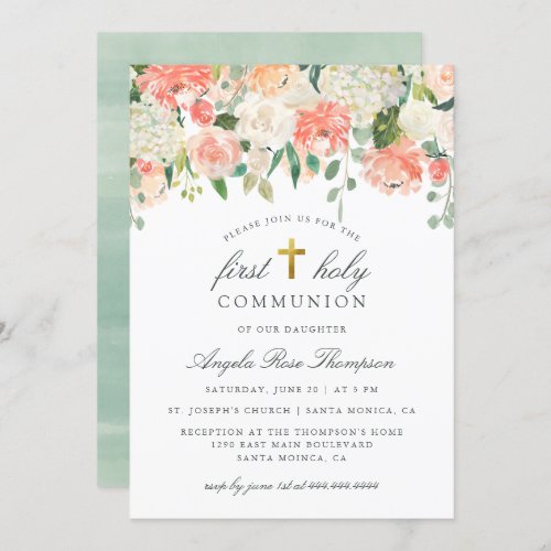 Chic Watercolor Floral Girls First Holy Communion Invitation