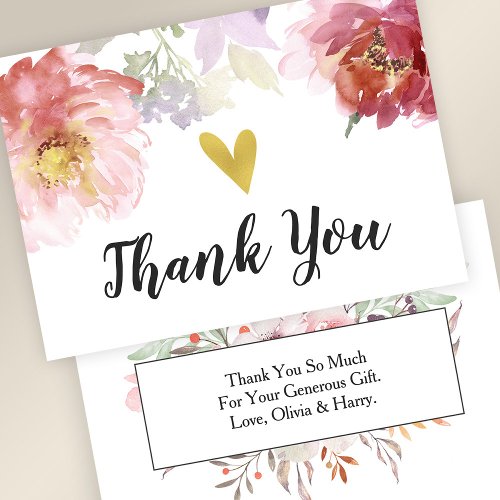 Chic Watercolor Floral Gold Heart Thank You Card