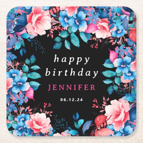 Chic Watercolor Floral Happy Birthday Black  Square Paper Coaster