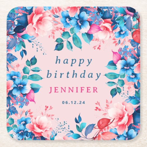 Chic Watercolor Floral Happy Birthday Blush  Square Paper Coaster