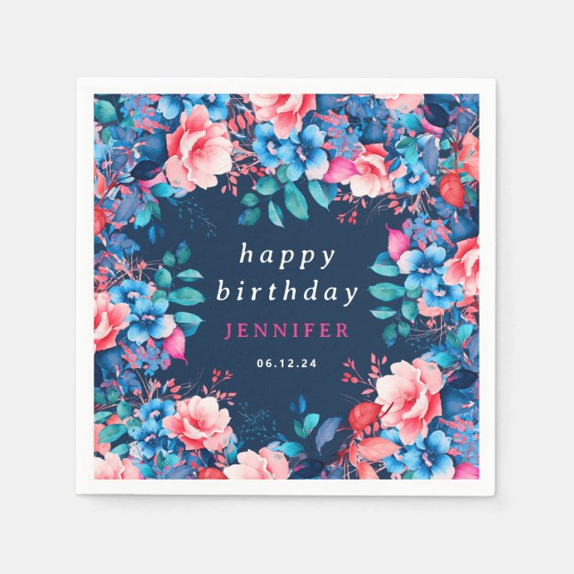 Chic Watercolor Floral Happy Birthday Navy Blue  Napkins (Front)
