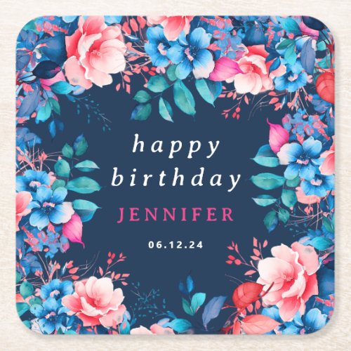 Chic Watercolor Floral Happy Birthday Navy Blue  Square Paper Coaster